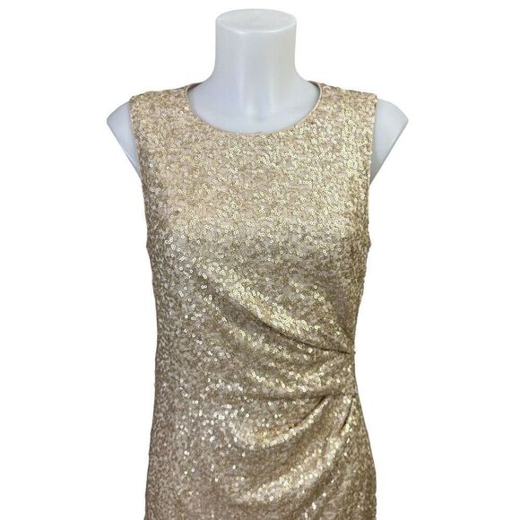 Eliza J Gold Sequin Sleeveless Flapper Dress Ruched Side Ruffled Hem Sz‎ 8 - Picture 2 of 10